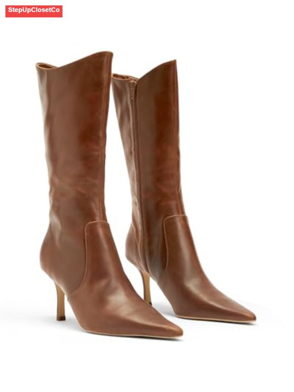 Faux Leather Mid Calf Boots Pointed Toe High Heel Side Zipper Winter Dress Shoes